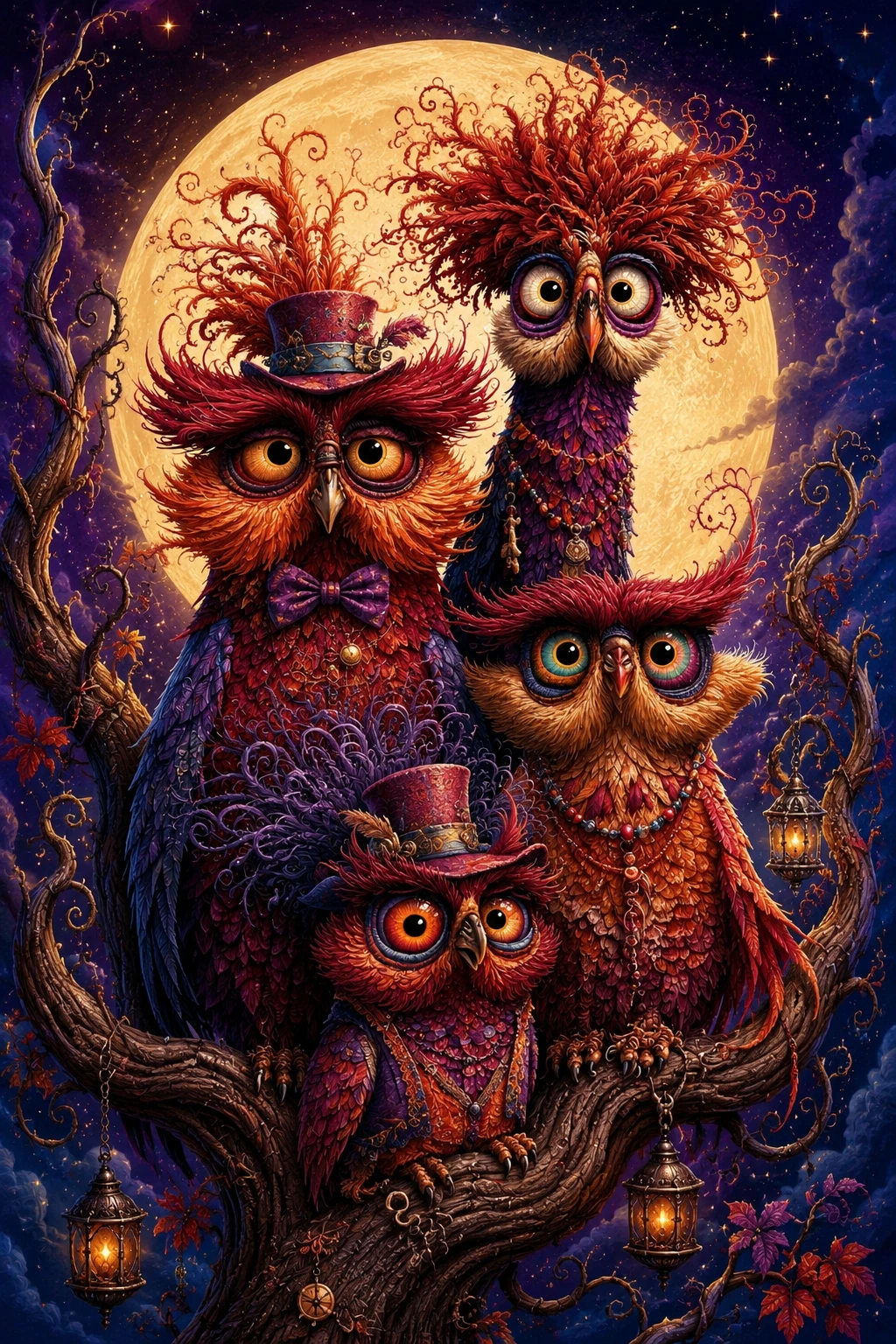 Whimsical Owl Family On A Twisted Branch Before The Moon