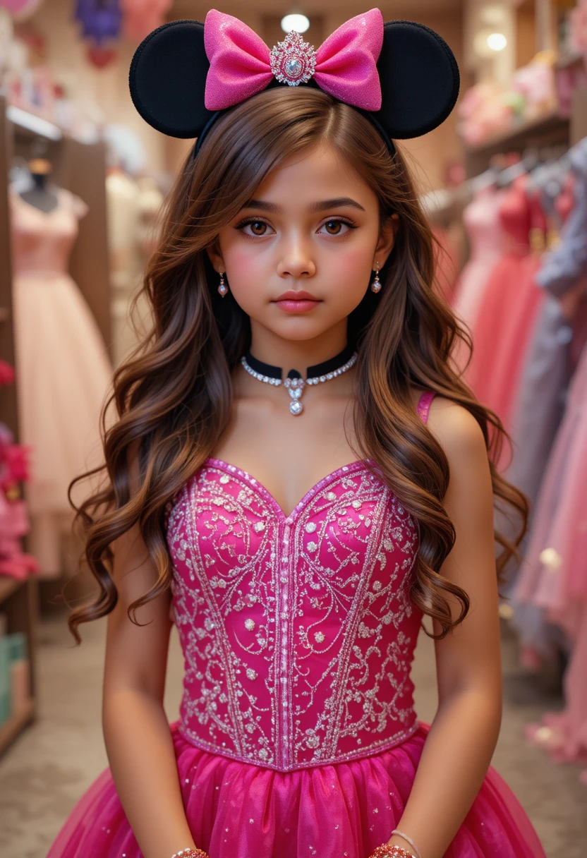 Menina com vestido rosa da Minnie em loja de vestidos da Disney