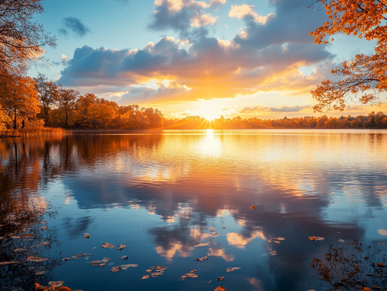 Paisagem serena de lago ao pôr do sol com reflexo perfeito na água