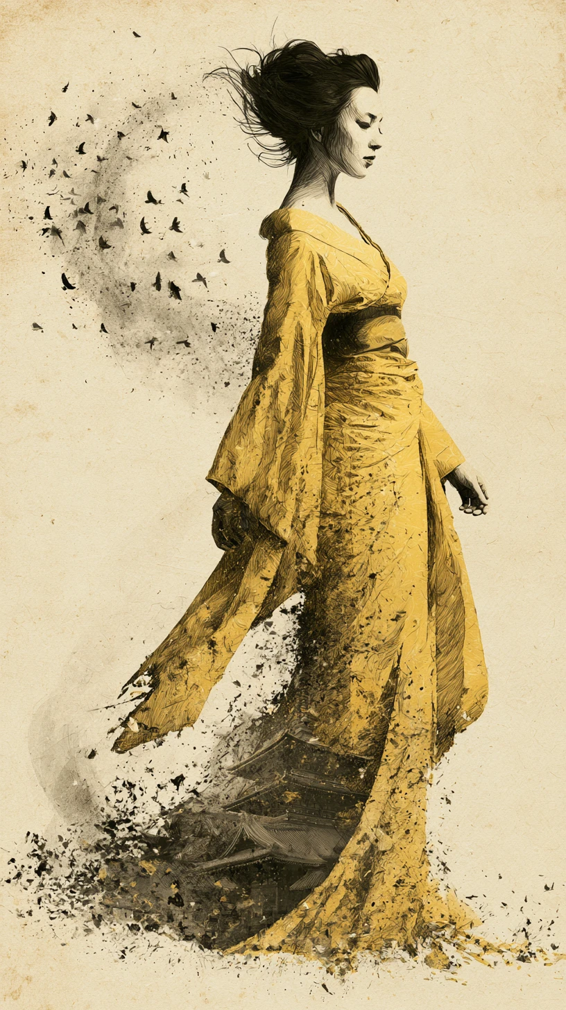Élégante geisha en kimono doré se fondant dans l’architecture d’un temple