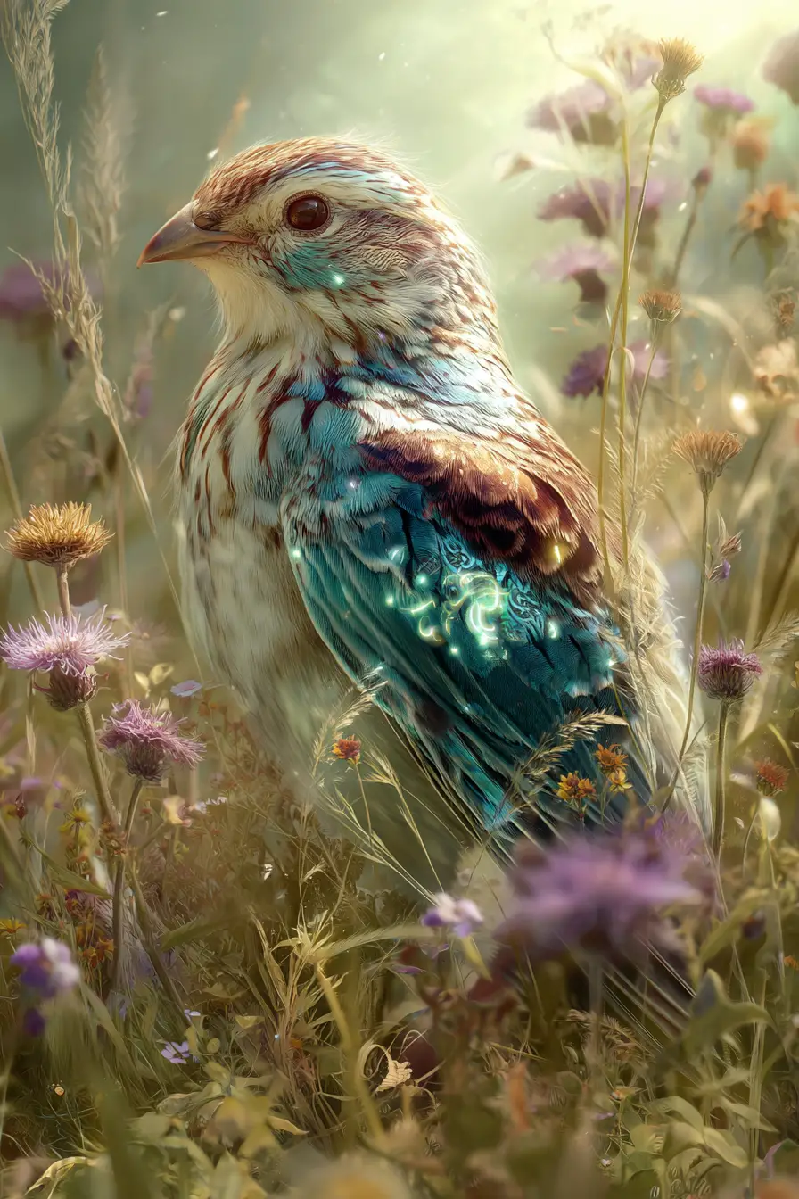 Mystischer freiheitsliebender Vogel in einer traumhaften sonnenbeschienenen Wiese