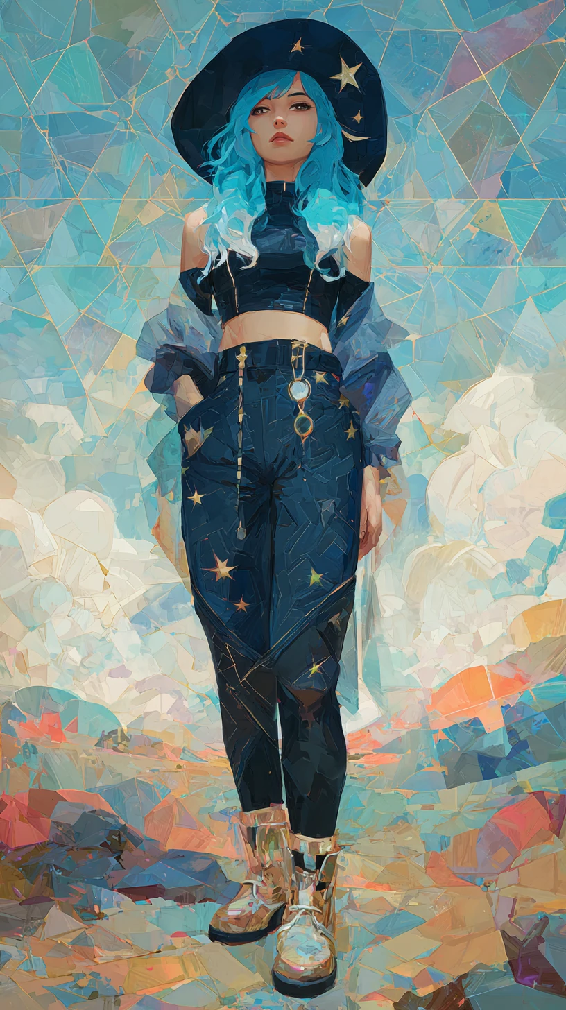 Bruxa mística em streetwear celestial entre estrelas oníricas