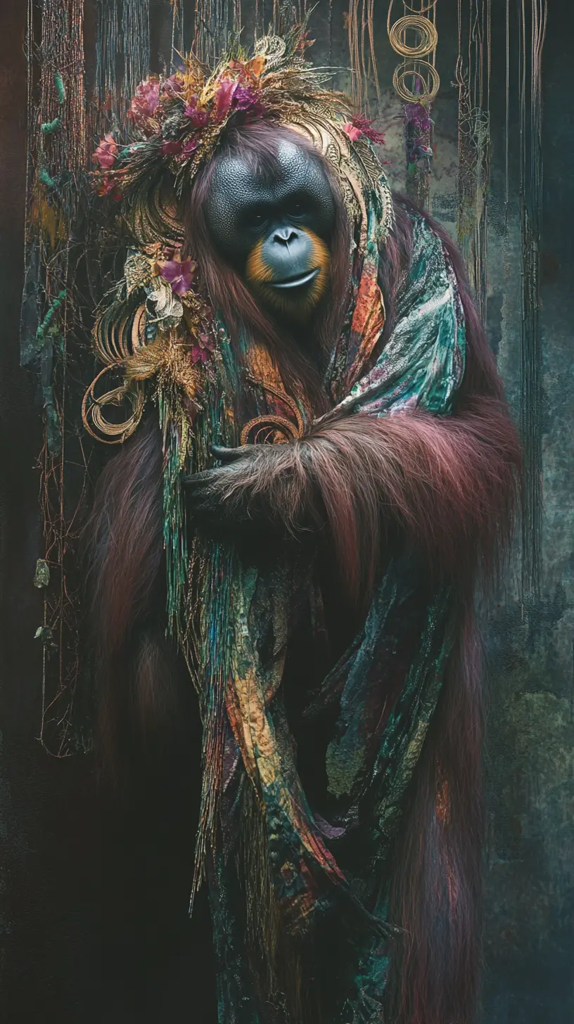 Mystical figure with orangutan companion in geometric patterns