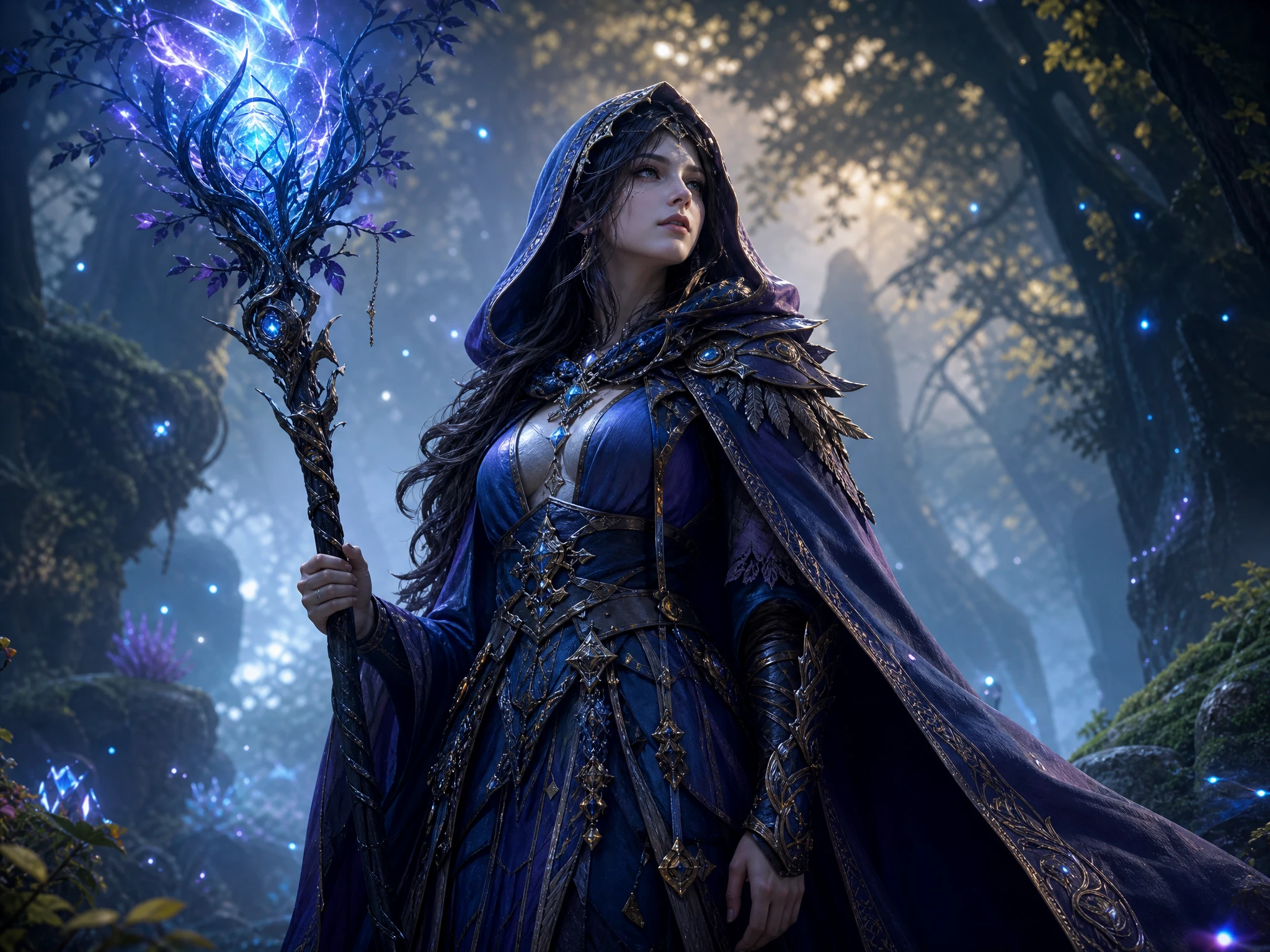 Fantasy mage with glowing staff in mystical forest