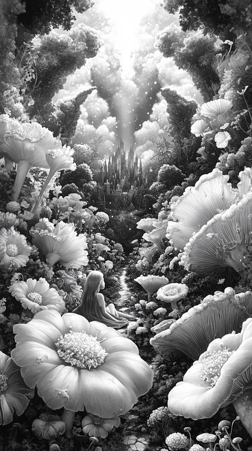 Mädchen ruht mit Kreatur in symmetrischer Fantasy-Wiese