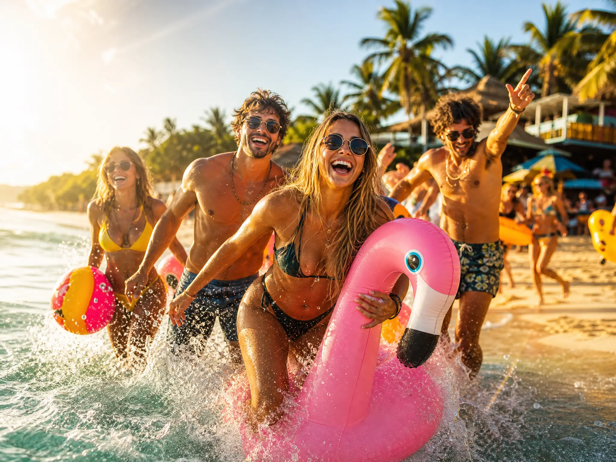 Giovani adulti che fanno festa su una soleggiata spiaggia tropicale
