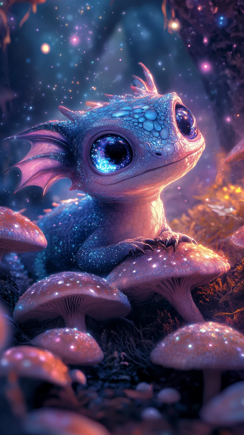 Pequeno dragão entre cogumelos brilhantes em uma floresta estrelada