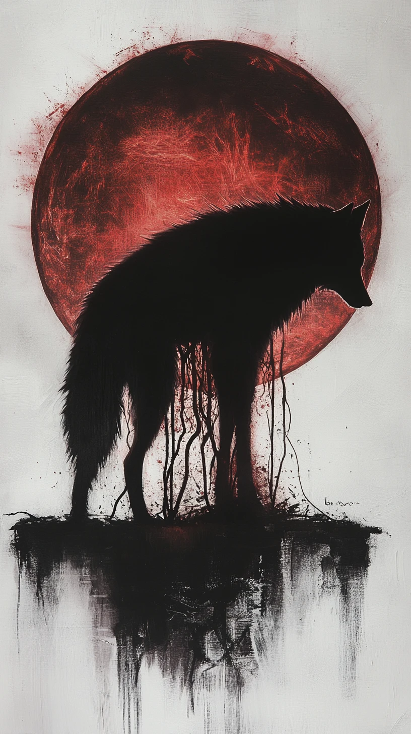 Silhueta de lobo diante de um enorme eclipse na escuridão