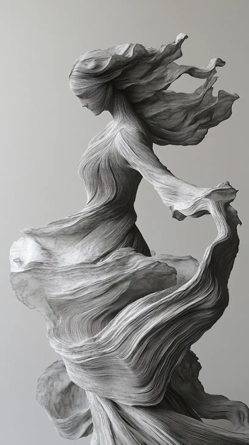 Abstract grayscale form unraveling into flowing elongated shapes