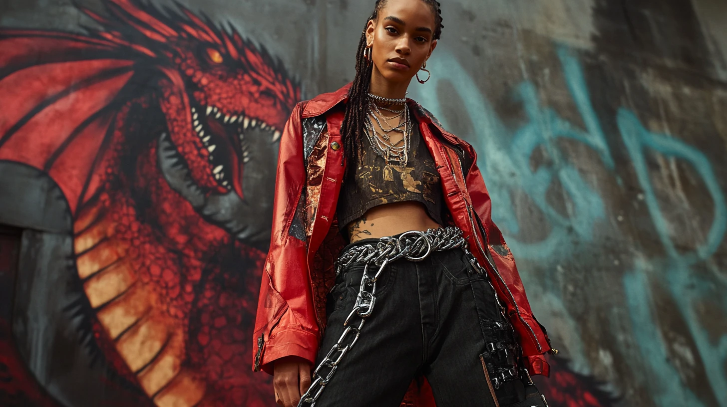 Figura de streetwear urbano com dragão e detalhes gráficos em camadas