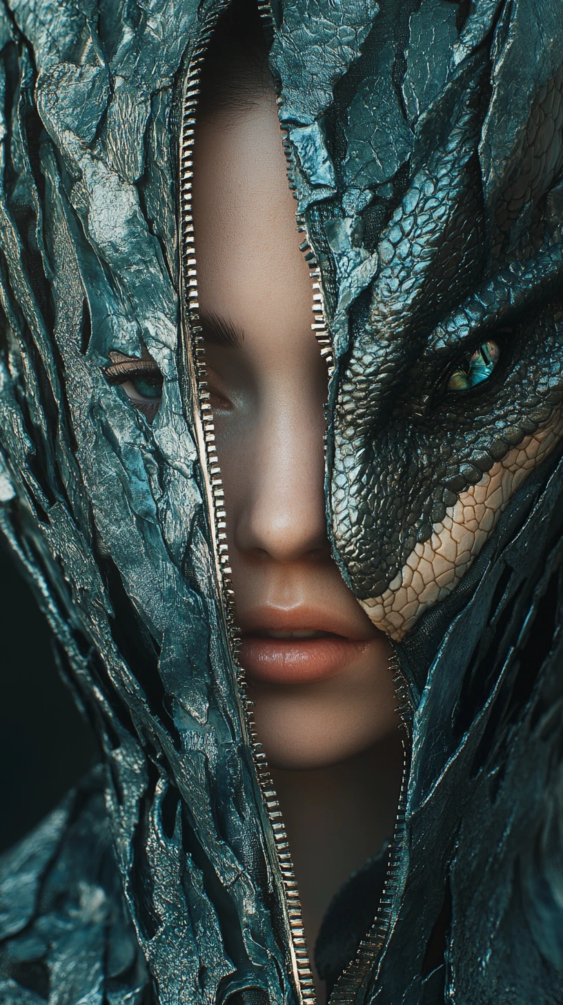 Retrato de moda surreal de uma mulher se abrindo em zíper para a natureza