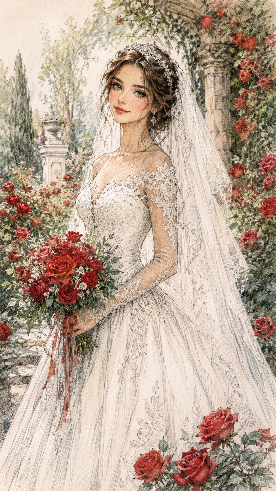 Jovem noiva de vestido branco entre rosas vermelhas em flor