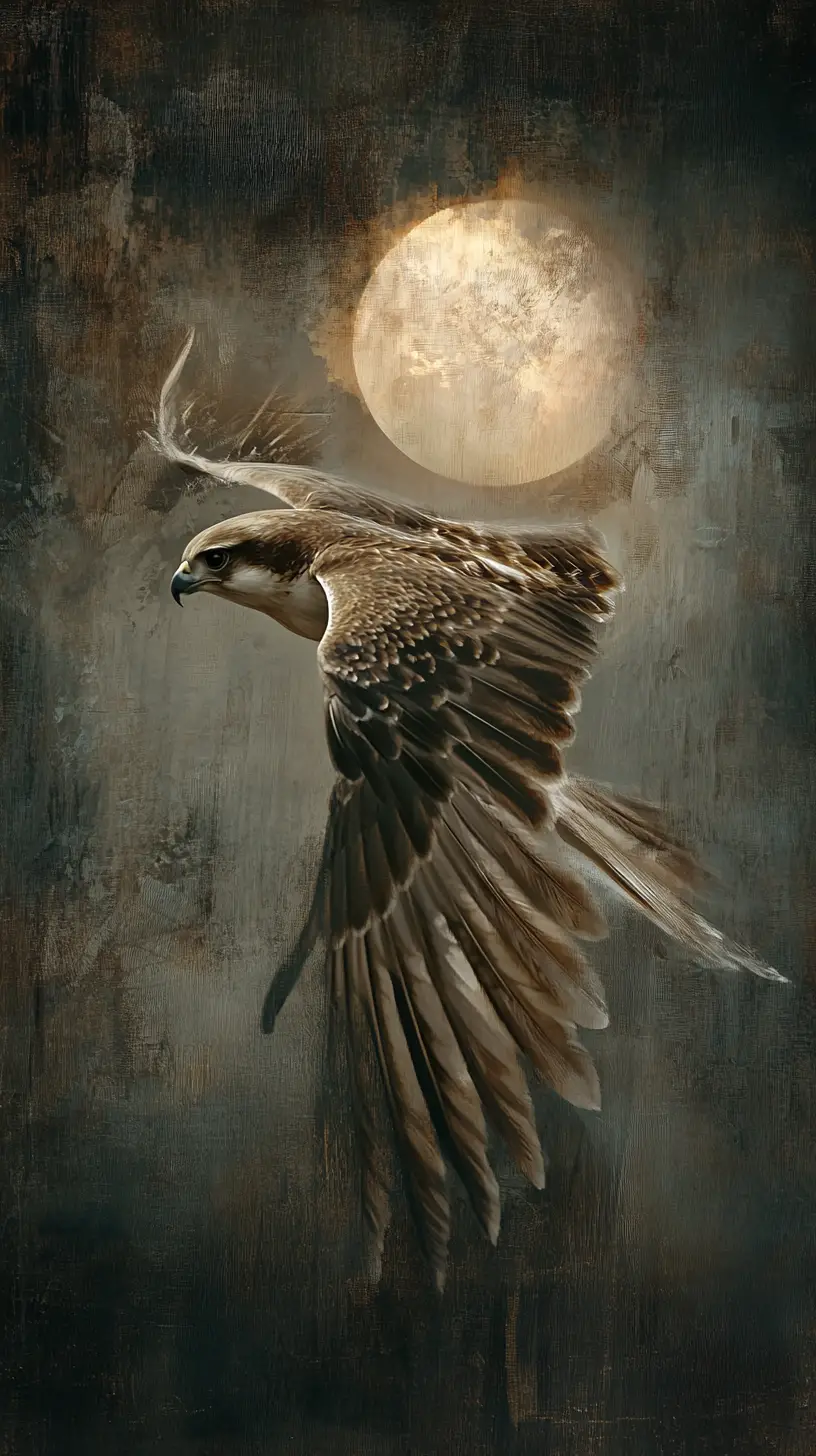 Falcon In Flight Against Abstract Eclipse Painted Sky