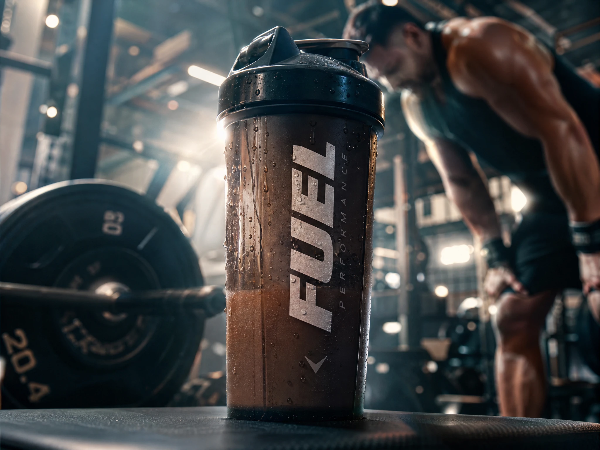 Garrafa de shake de proteína em cena dinâmica de publicidade de academia