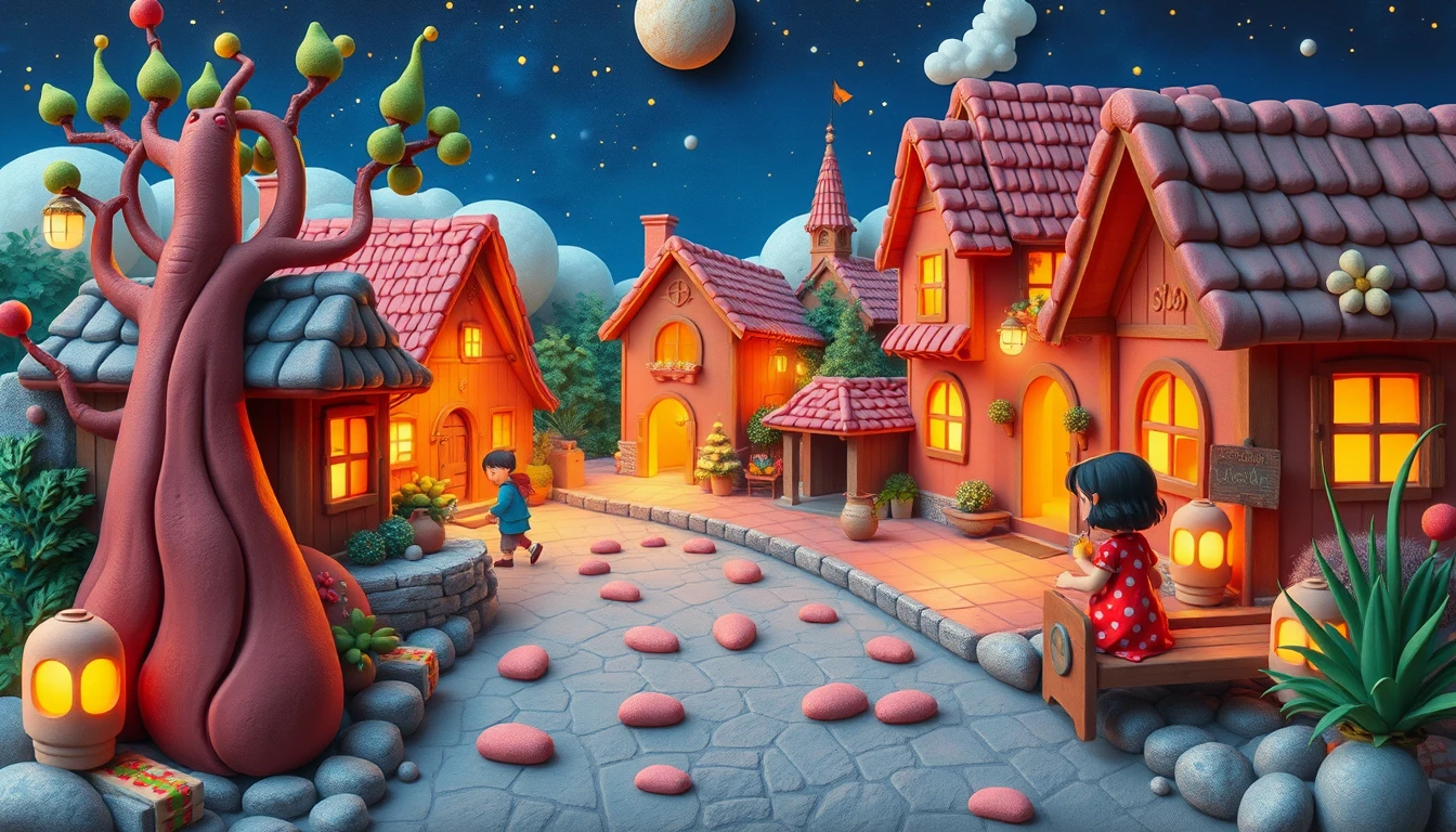 Aldea de fantasía de estilo arcilla con personajes extravagantes