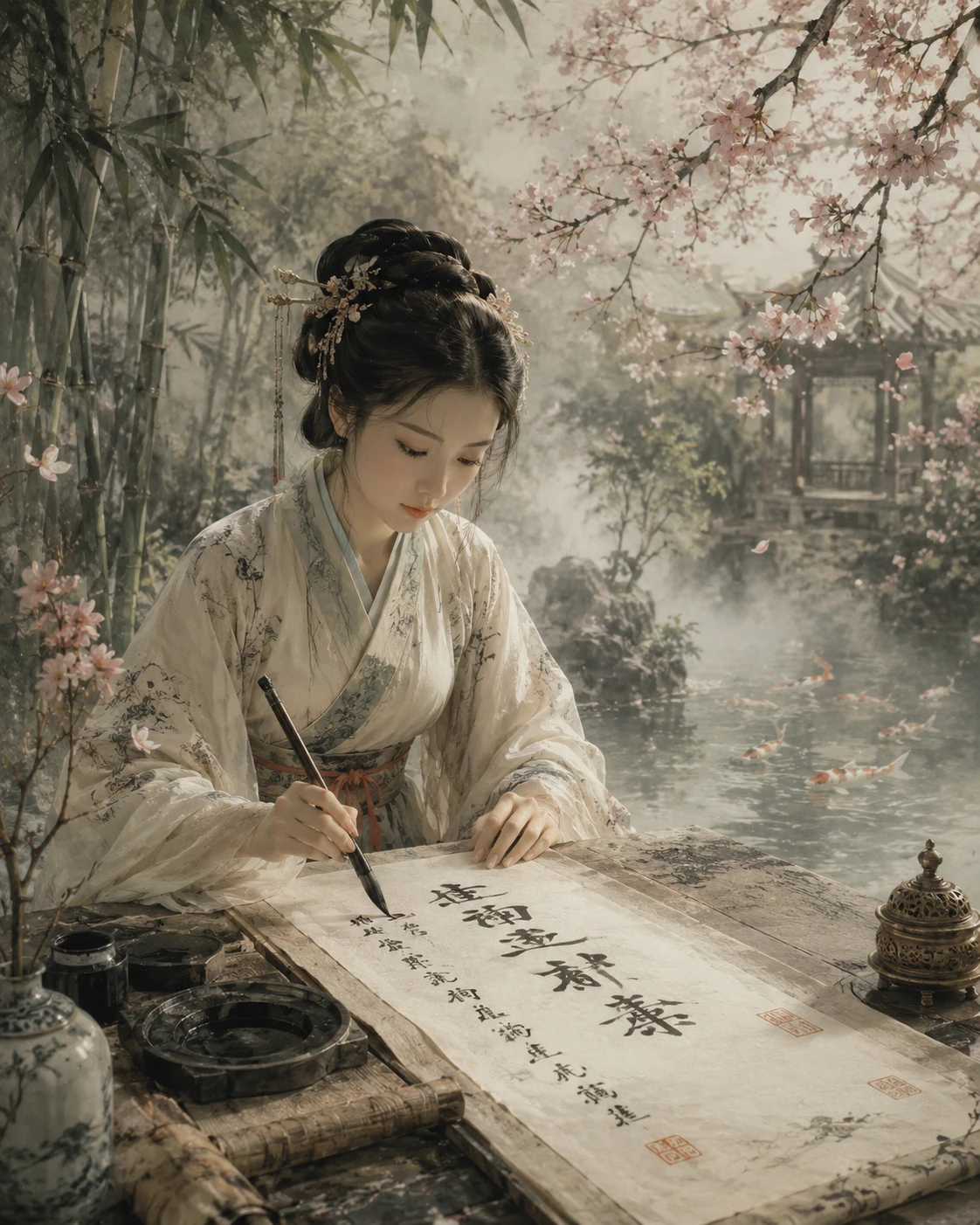 Elegante mulher chinesa praticando caligrafia em jardim de bambu