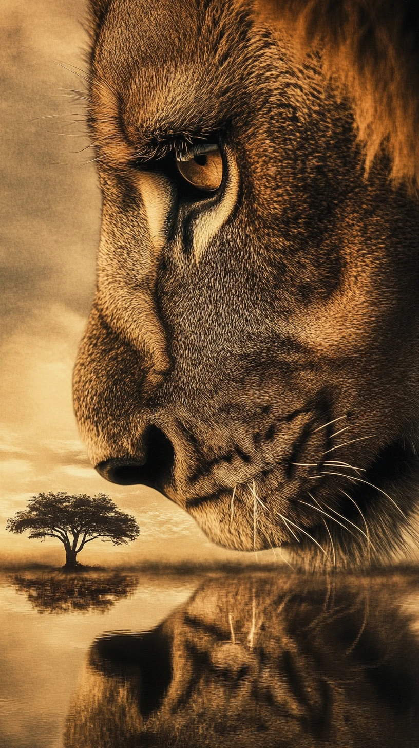 Lion dans l’ombre avec un paysage reflété dans son œil