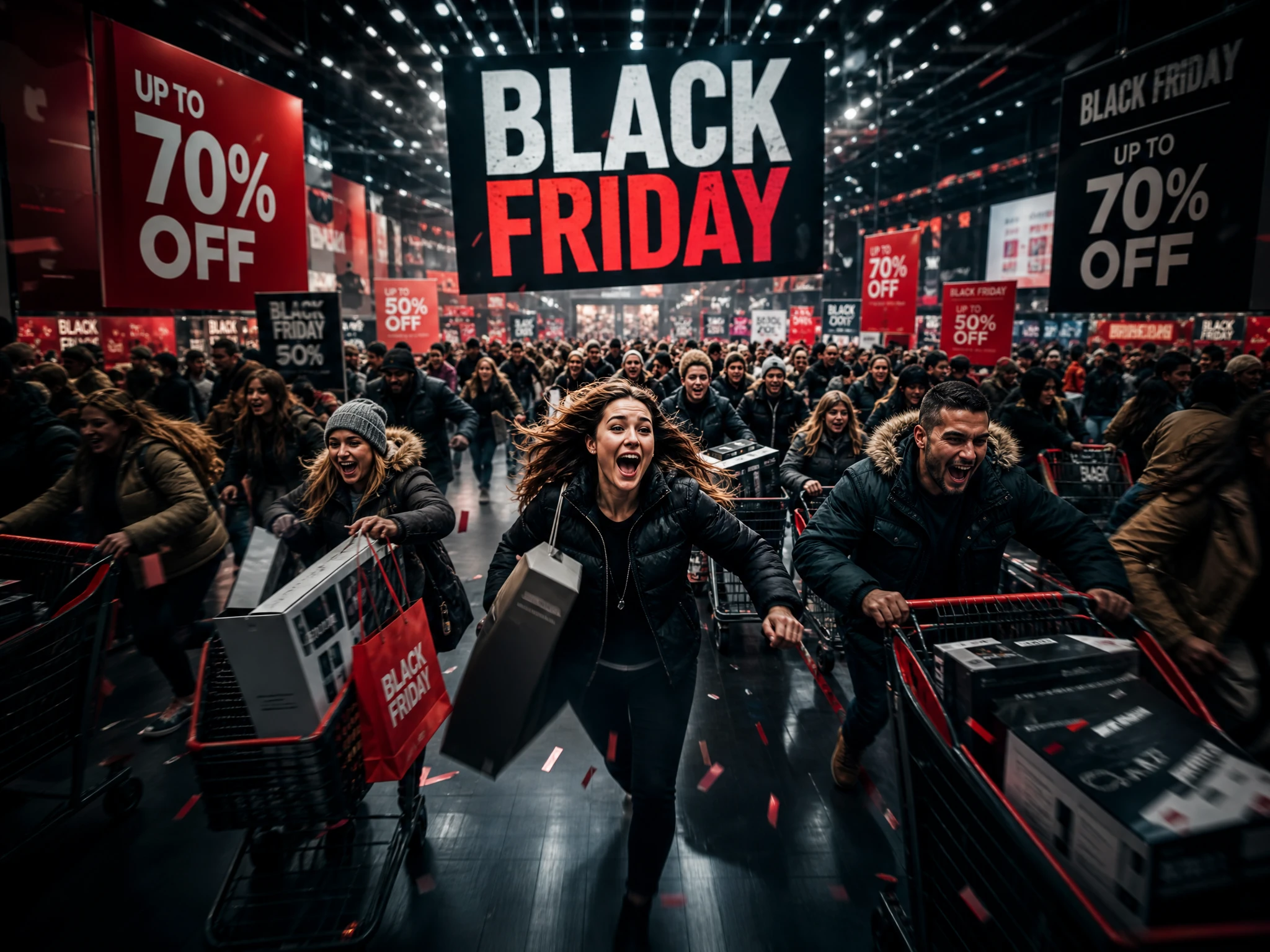 Black-Friday-Menschenmenge strömt durch ein belebtes Einzelhandelsgeschäft