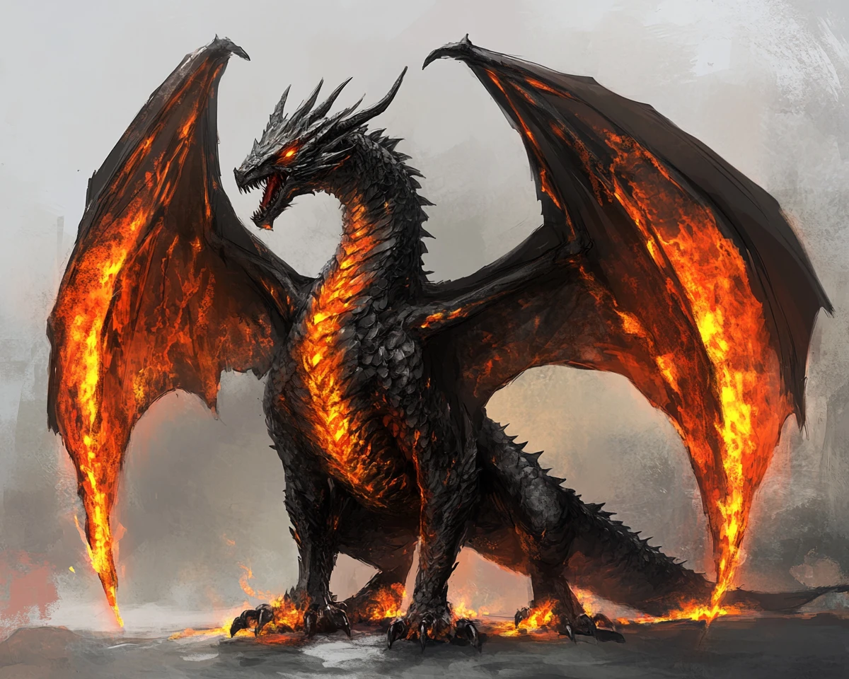Dragon noir aux ailes et à la poitrine d’un feu ardent