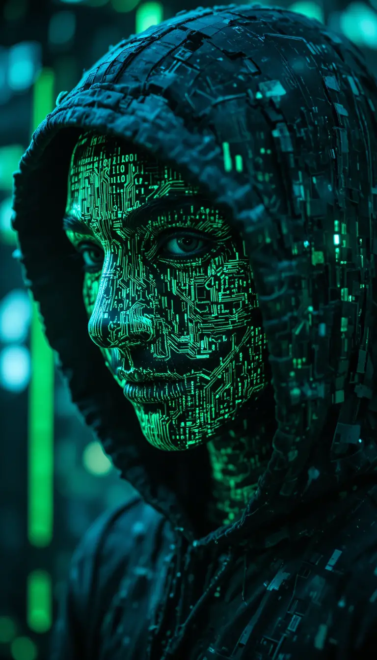 Porträt eines anonymen Hackers mit Binärcode und Cyberpunk-Overlay