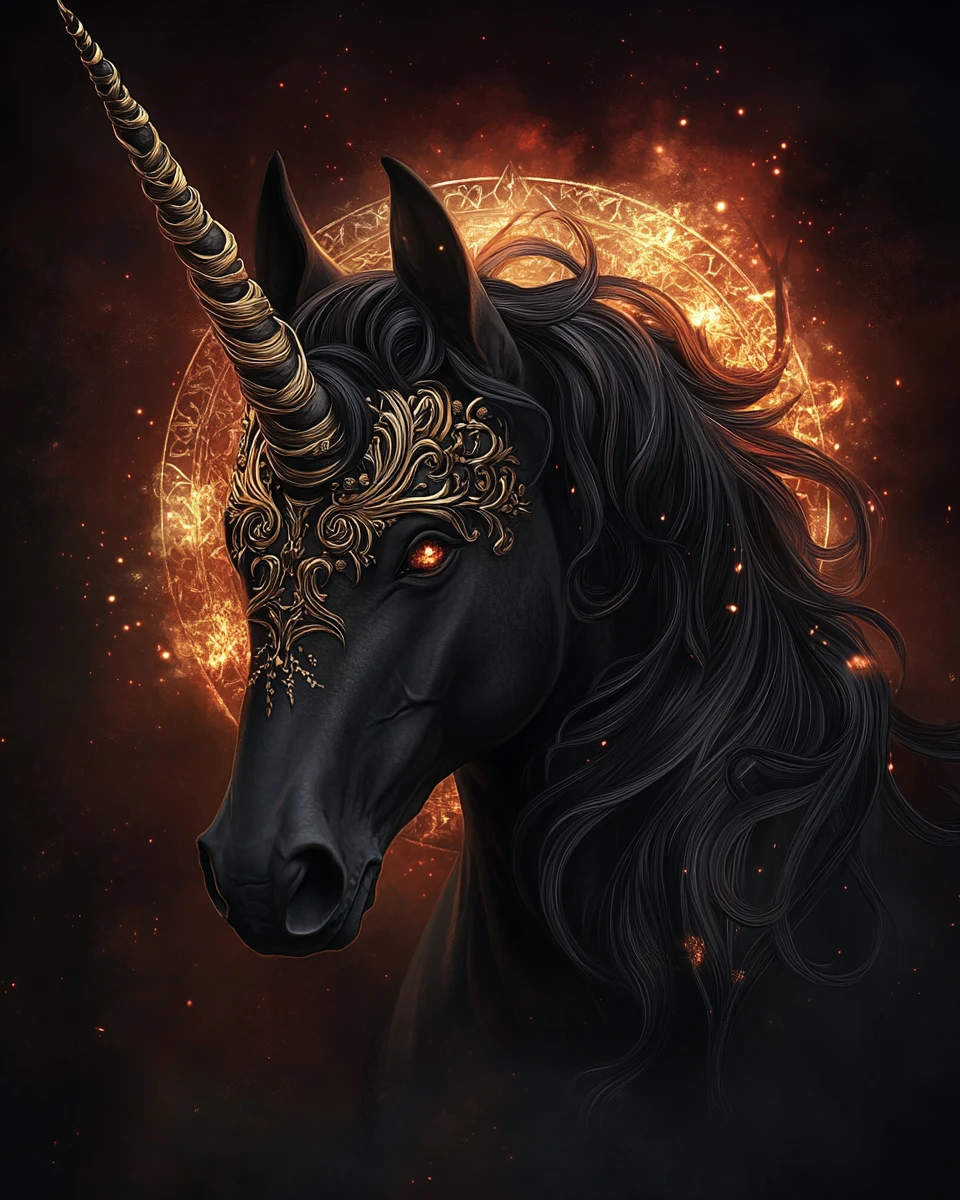 Retrato de fantasía oscura de un majestuoso unicornio negro con halo