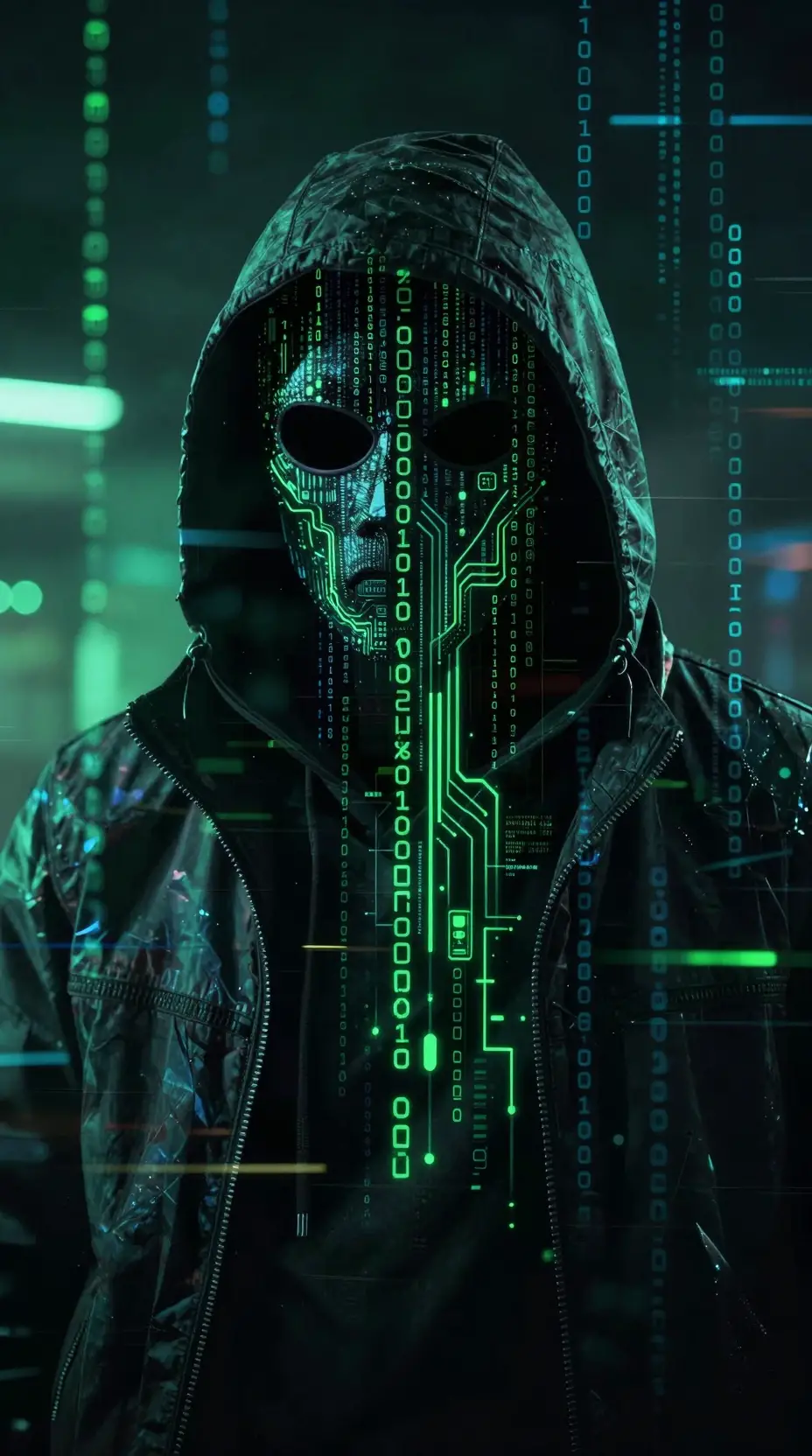 Cyberpunk-Hacker-Porträt mit Binärcode und Schaltkreisen