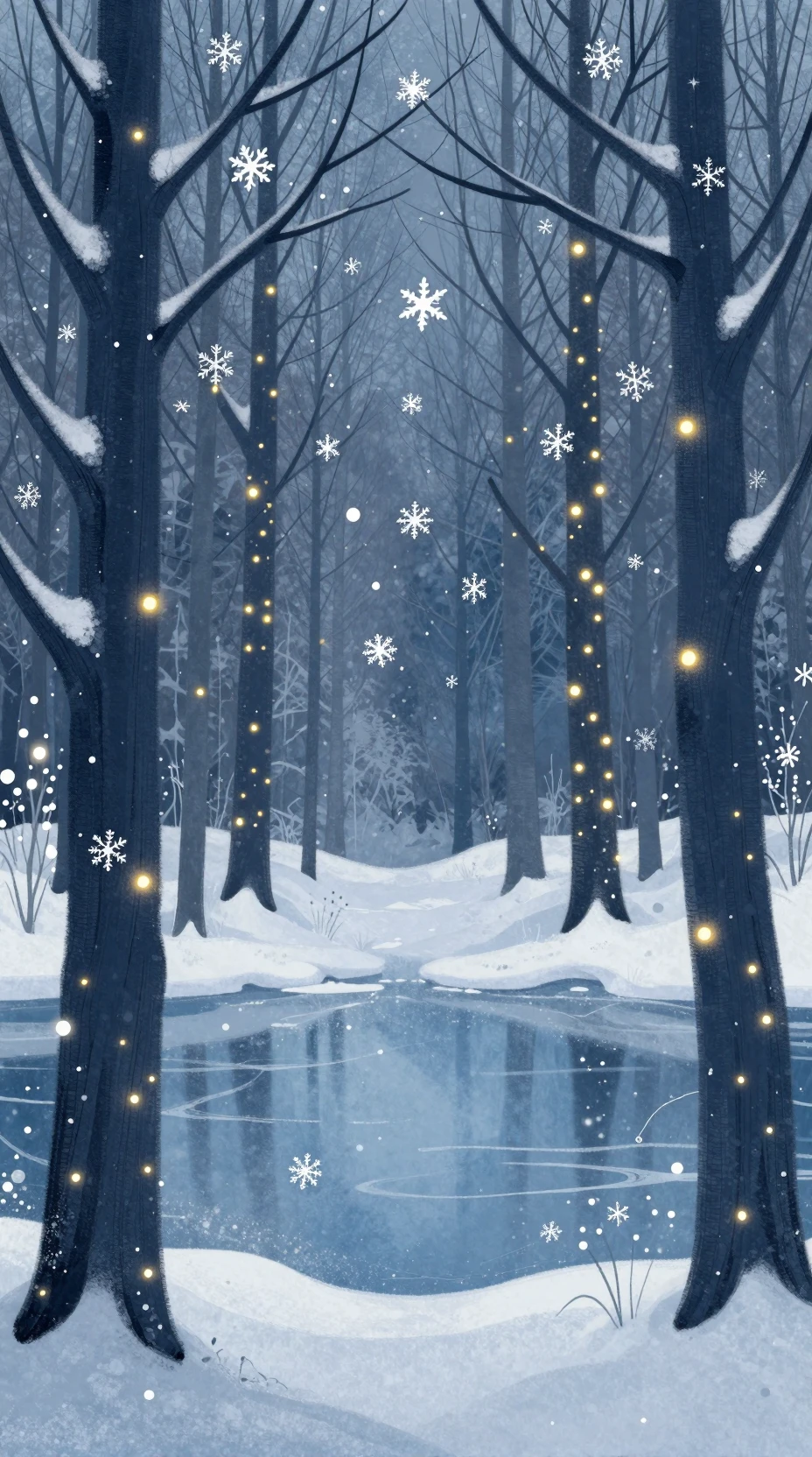 Forêt enneigée magique avec lumières scintillantes et lac gelé