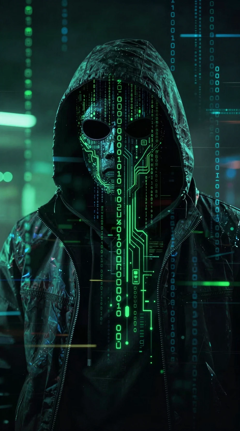 Ritratto di hacker cyberpunk con codice binario e circuiti