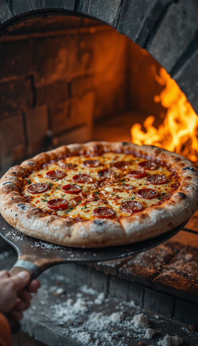 Pizza puxada de forno rústico a lenha em close-up