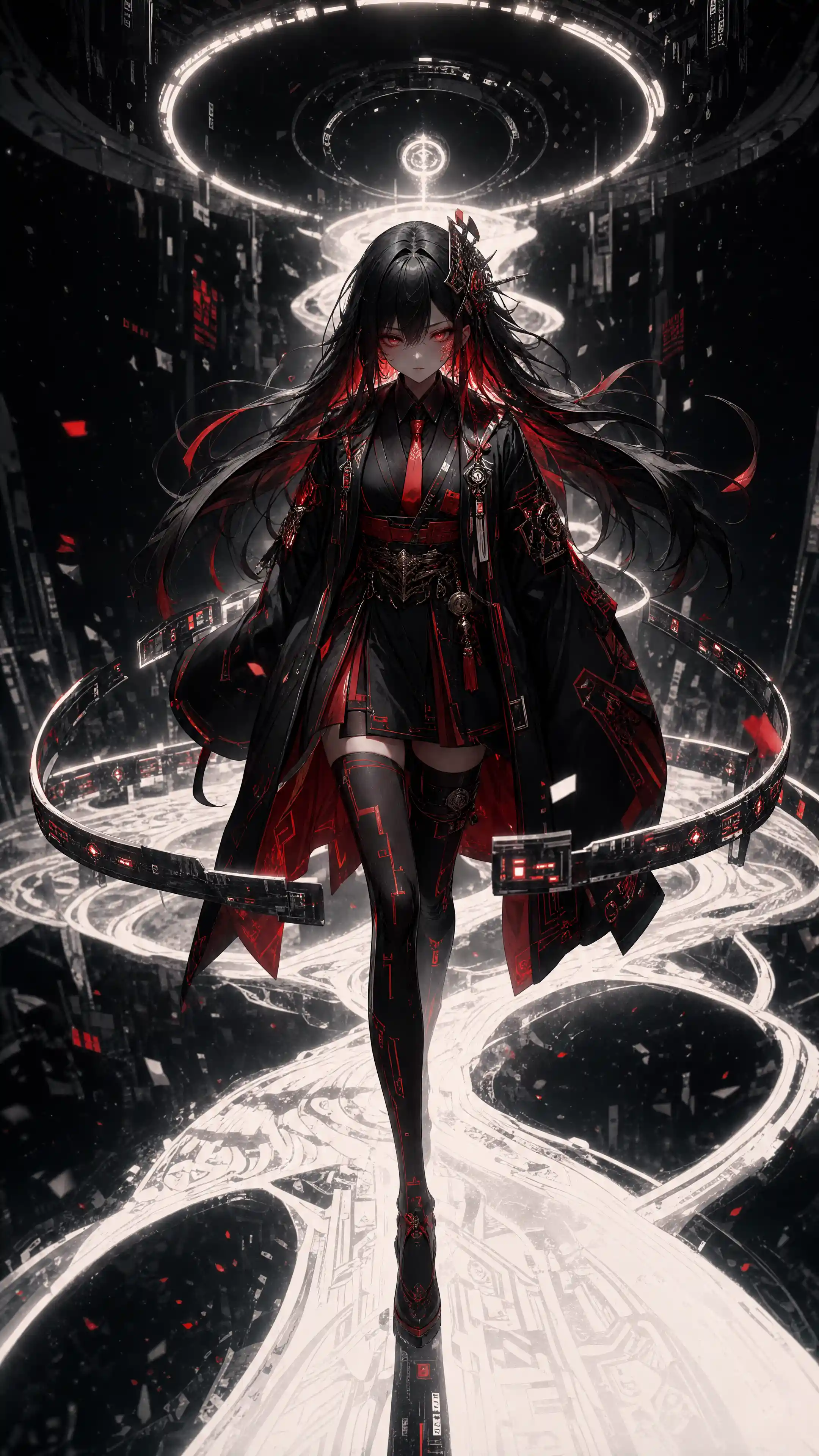 Dark anime woman walking along glowing cyber path