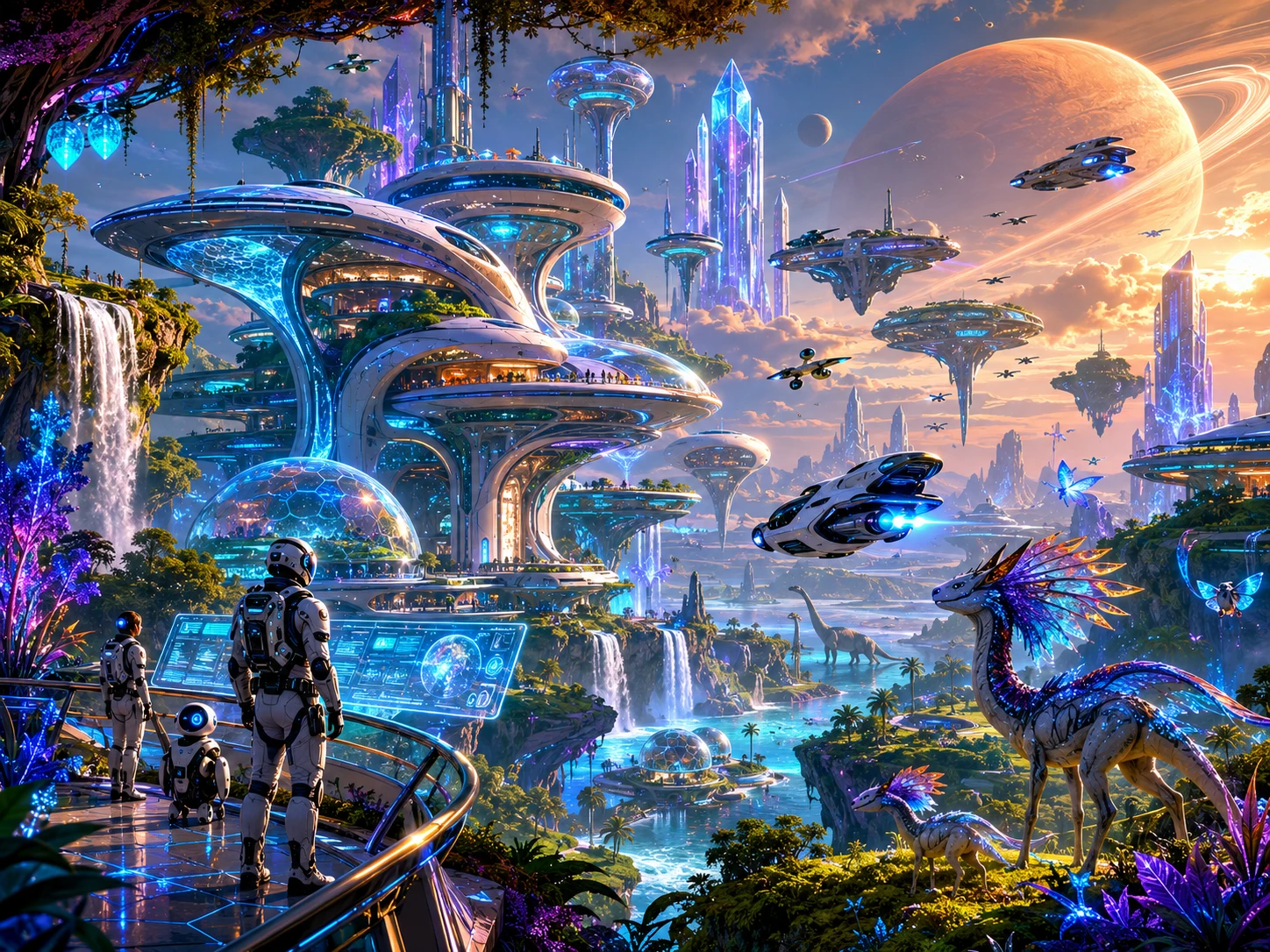 Colônia futurista flutuando sobre uma paisagem alienígena luminosa