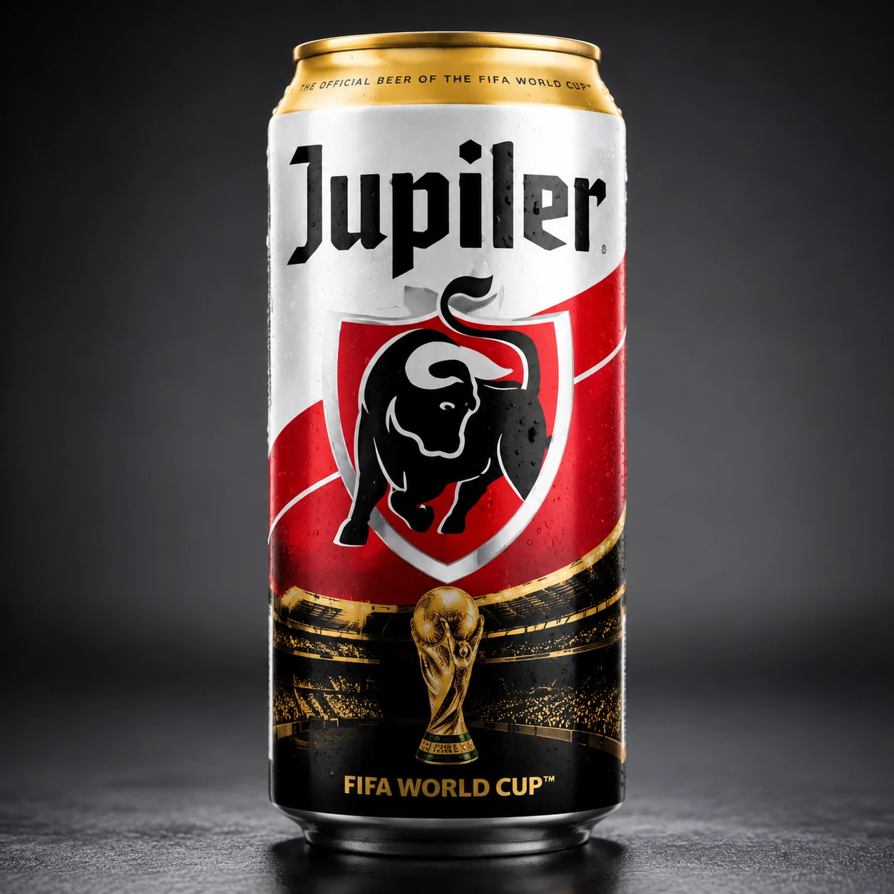 Studio shot of a branded world cup beer can design