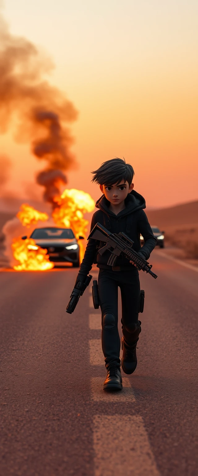 Armed man walking alone on a burning desert road
