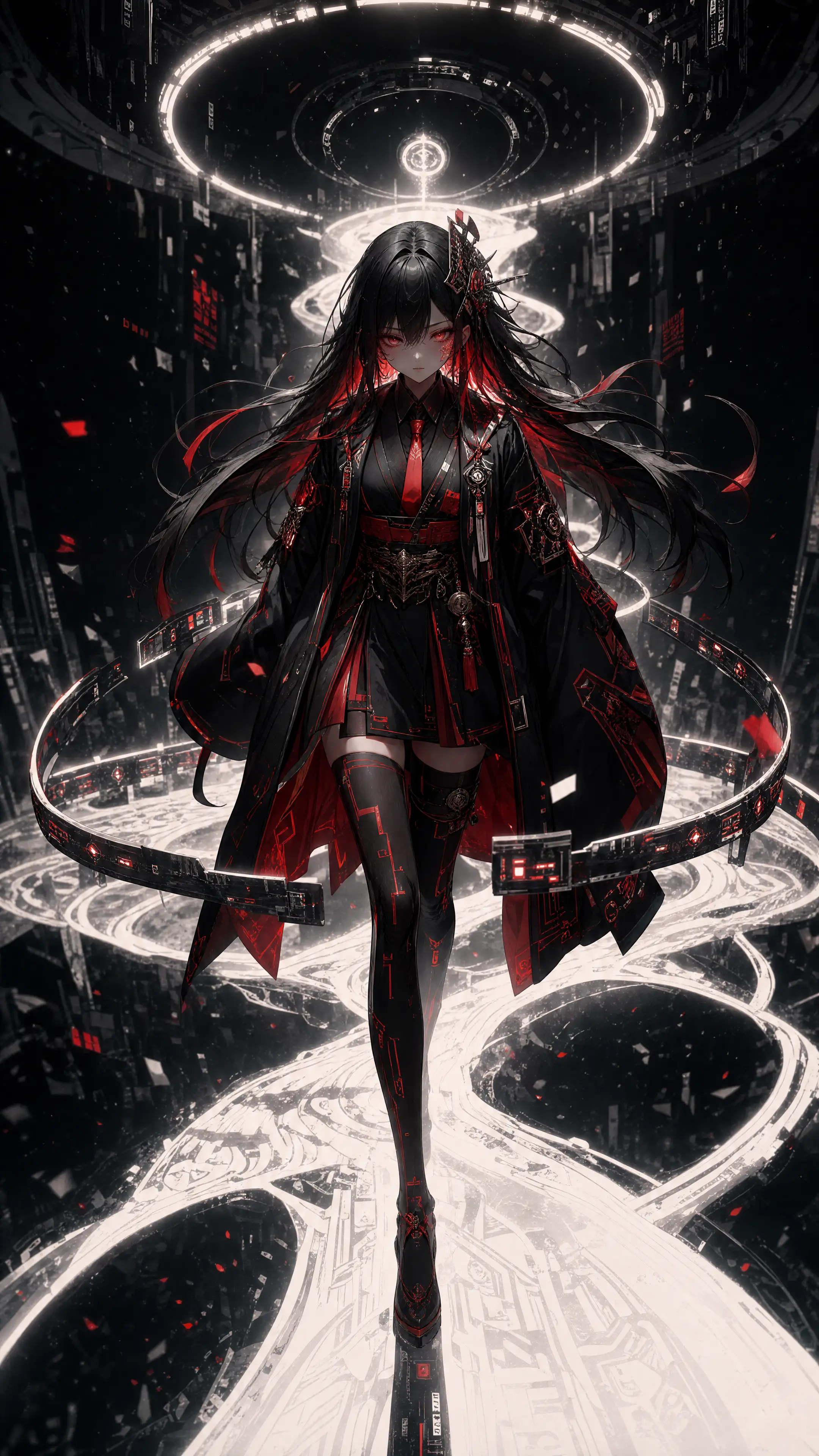 Femme d’anime sombre marchant sur un chemin cybernétique lumineux