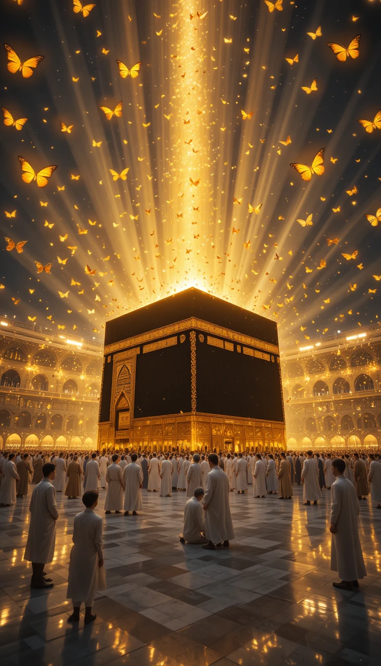 Sagrada Kaaba com borboletas douradas e luz radiante do céu