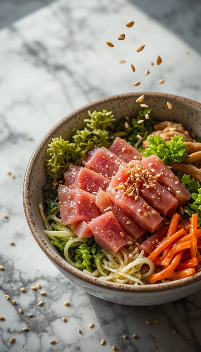 Top down poke bowl with tuna and fresh vegetables