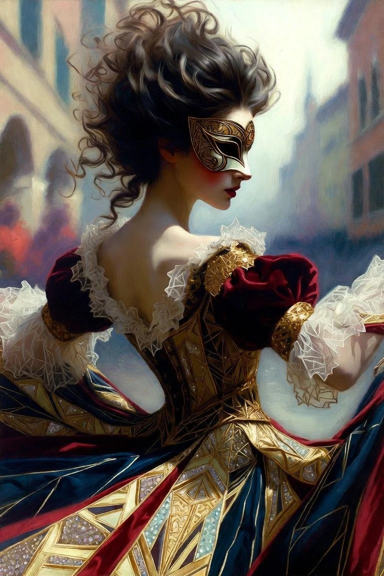 Femme italienne masquée dansant dans une peinture de fantaisie surréaliste
