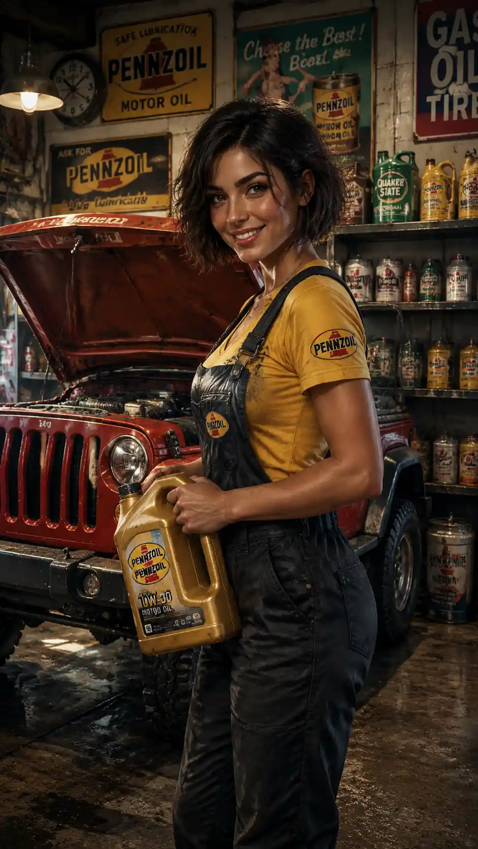 Smiling mechanic woman with jeep in vintage oil garage