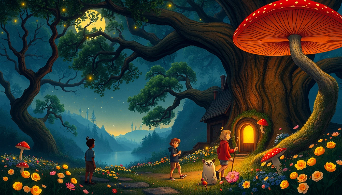 Enfants espiègles explorant une forêt enchantée lumineuse