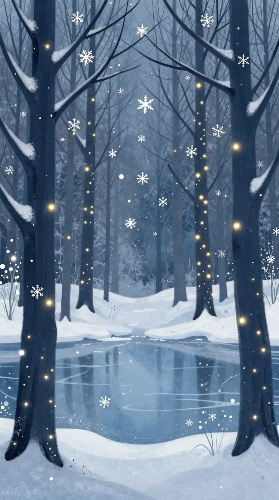 充滿發光燈光與冰封湖面的魔幻雪森林