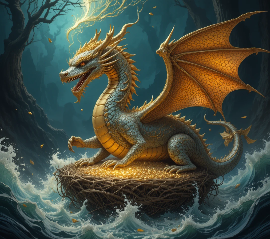 Dragão majestoso emergindo do mar com um ninho de ouro
