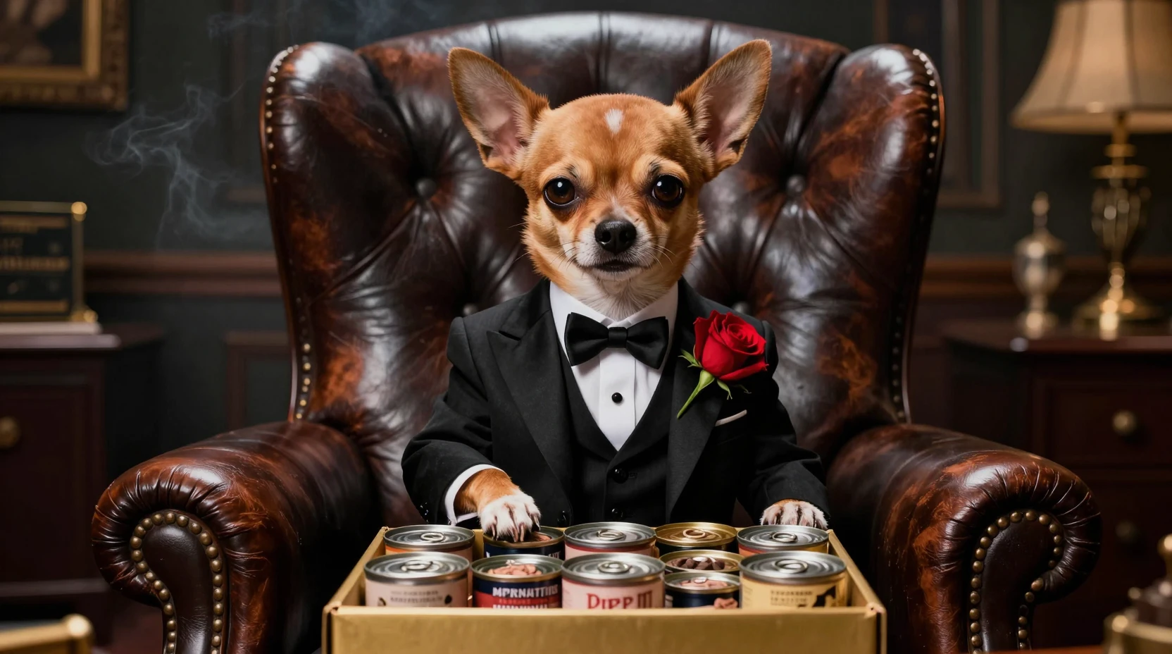 Minúsculo chihuahua mafioso de smoking em uma imponente cadeira de escritório
