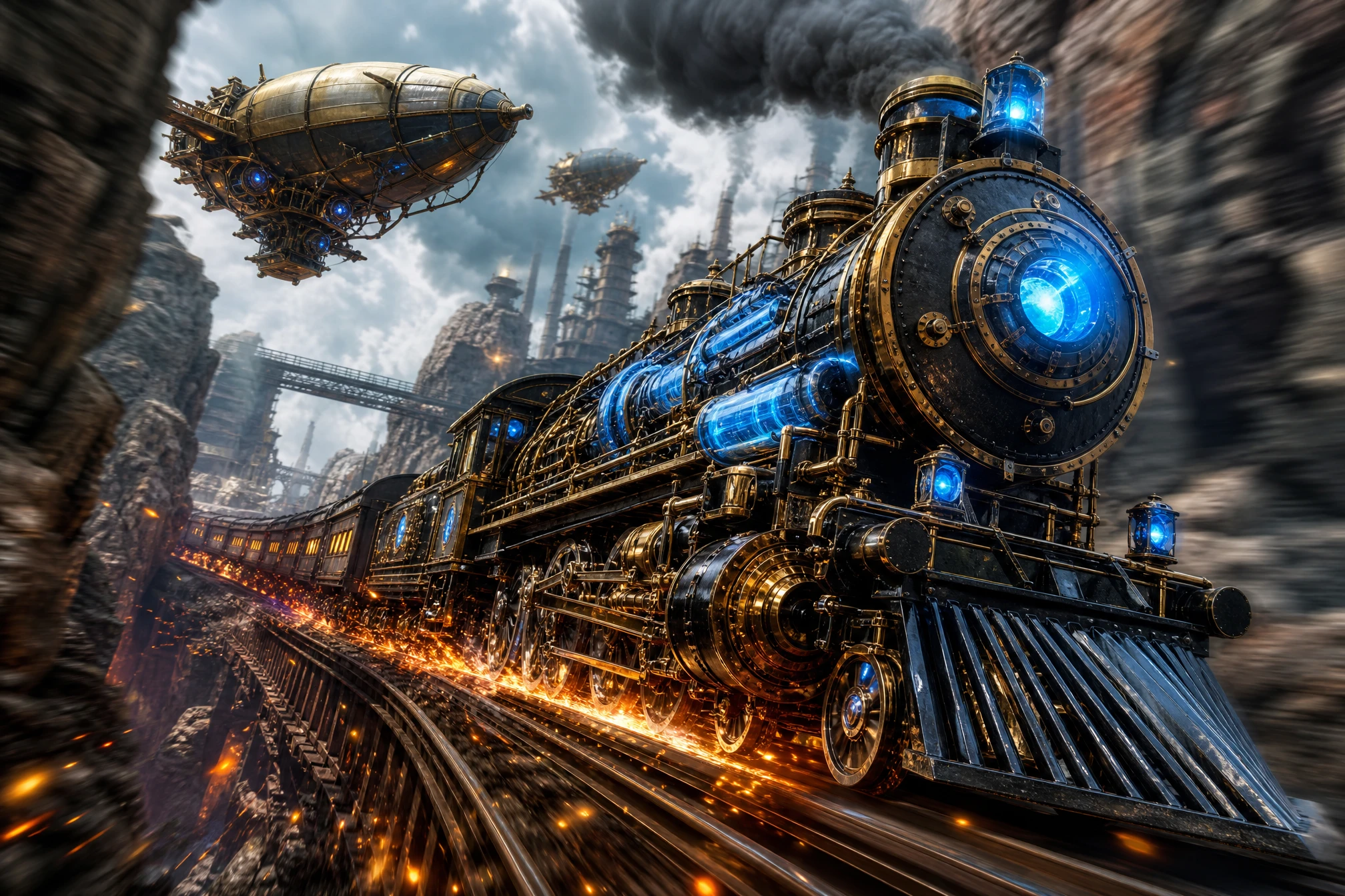 Steampunk-Zug rast durch eine zerklüftete Fantasy-Schlucht