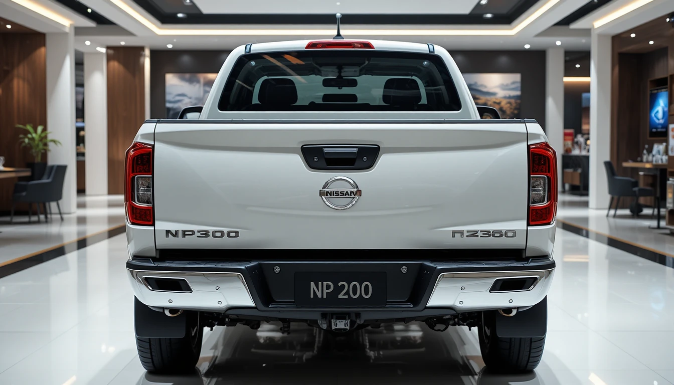 Camioneta pickup blanca vista trasera en sala de exposición de autos de lujo