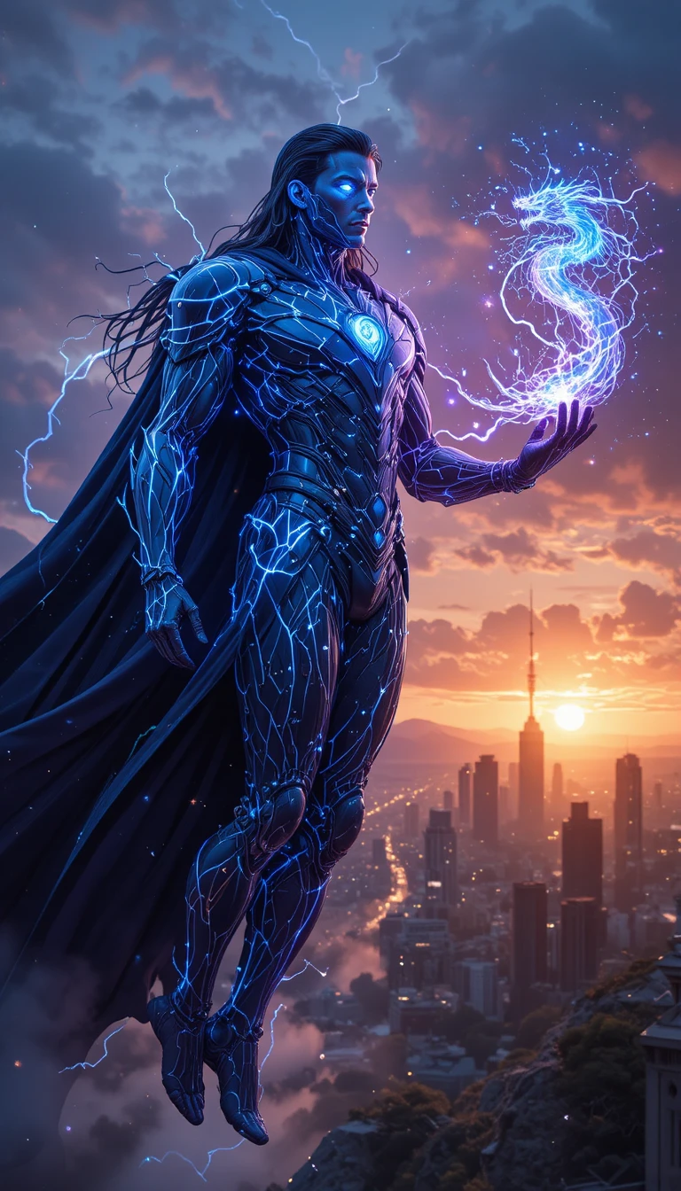 Super-herói cósmico flutuando sobre cidade futurista ao pôr do sol