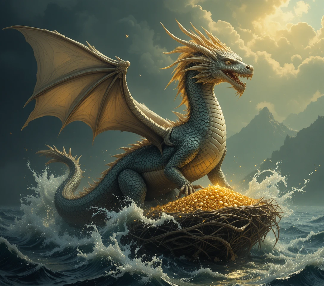 Majestuoso dragón que se alza sobre el mar con tesoro dorado