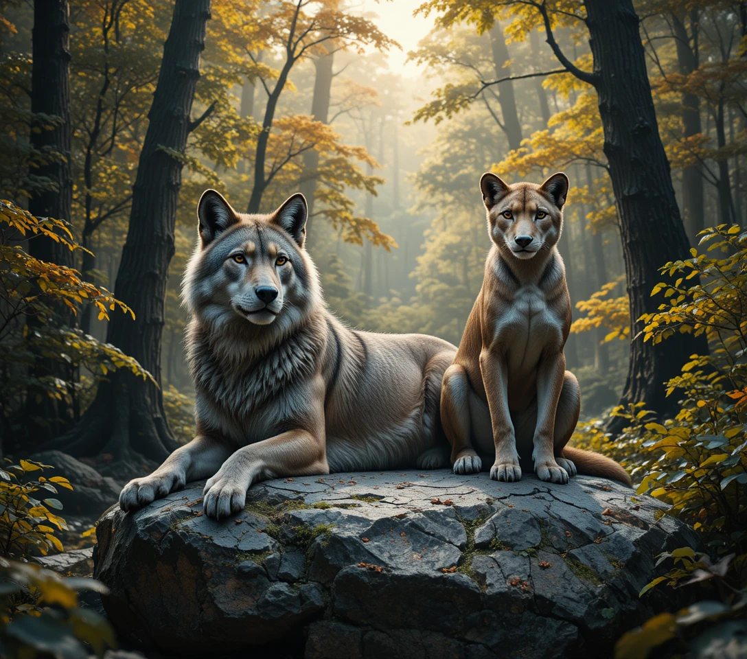 Lobo‑cinzento e jovem leoa descansando juntos na floresta