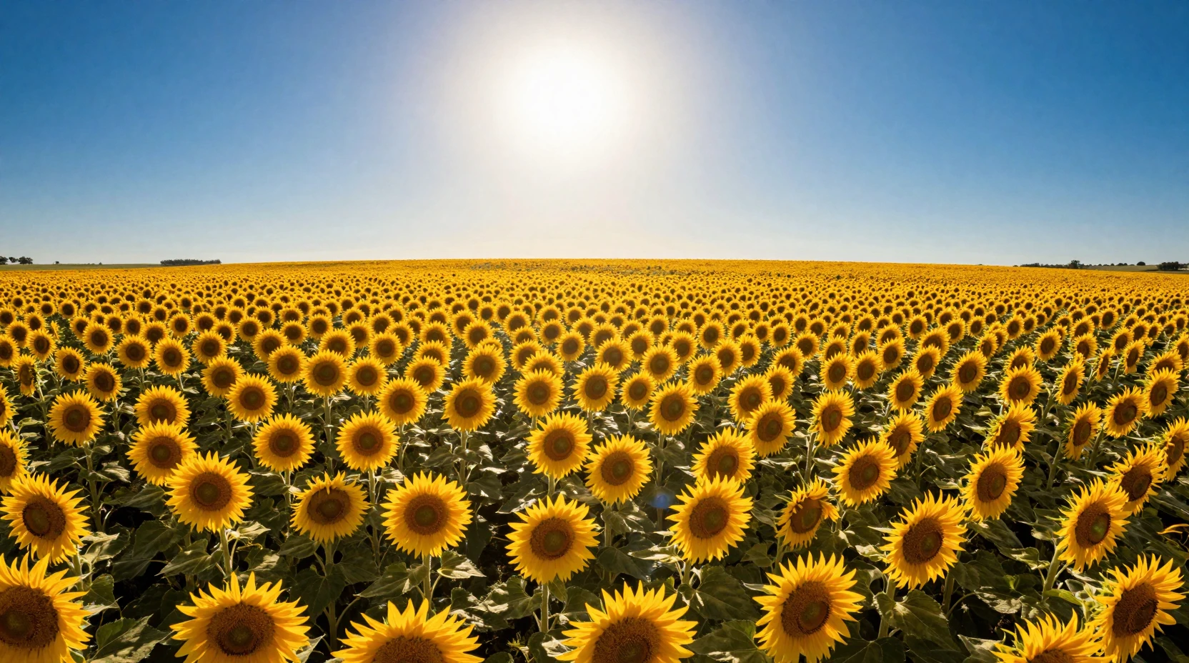 Campo di girasoli illuminato dal sole al solstizio d’estate sotto un cielo blu intenso