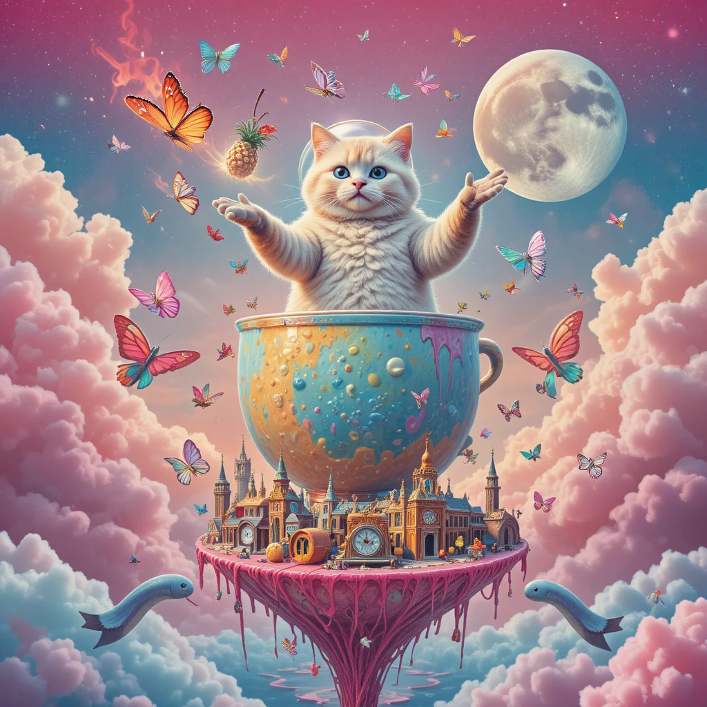 Gato gigante e fofinho em um bubble tea flutuando por um céu de doce