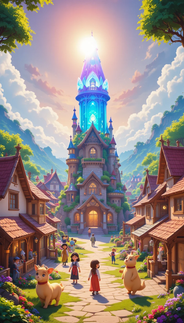 Bunte Fantasiestadt mit leuchtendem Kristallturm und Sonnenschein